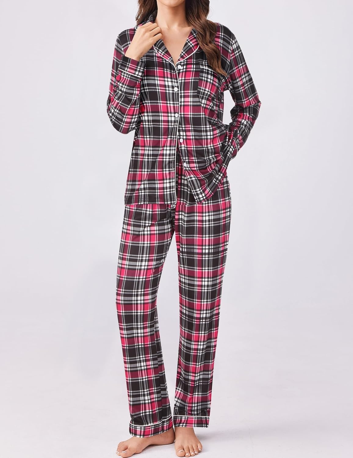 image:imageEkouaer Womens Pajamas Set Button Down Long Sleeve Top amp Pants Lounge SetsBblack Red Plaid