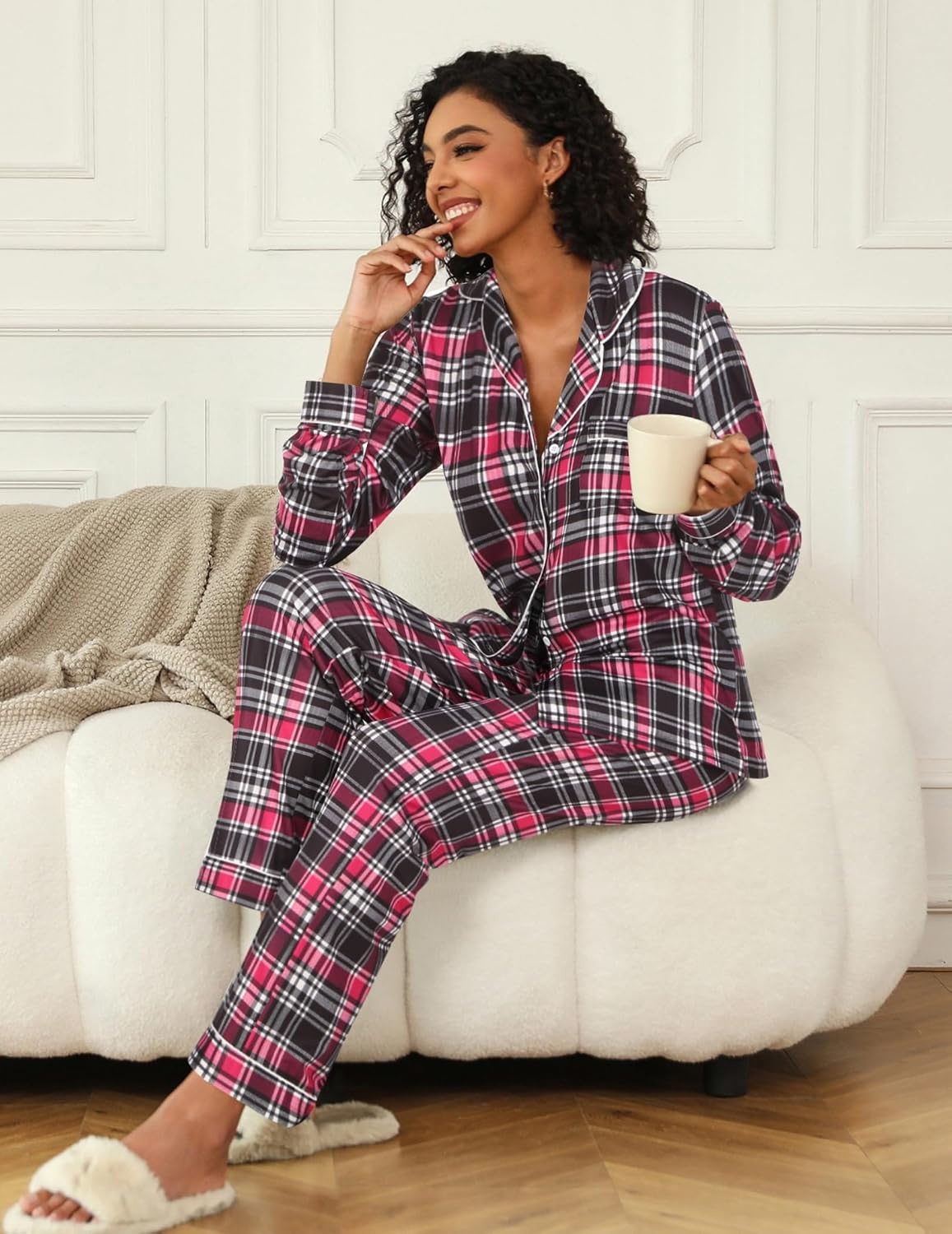 image:imageEkouaer Womens Pajamas Set Button Down Long Sleeve Top amp Pants Lounge SetsBblack Red Plaid