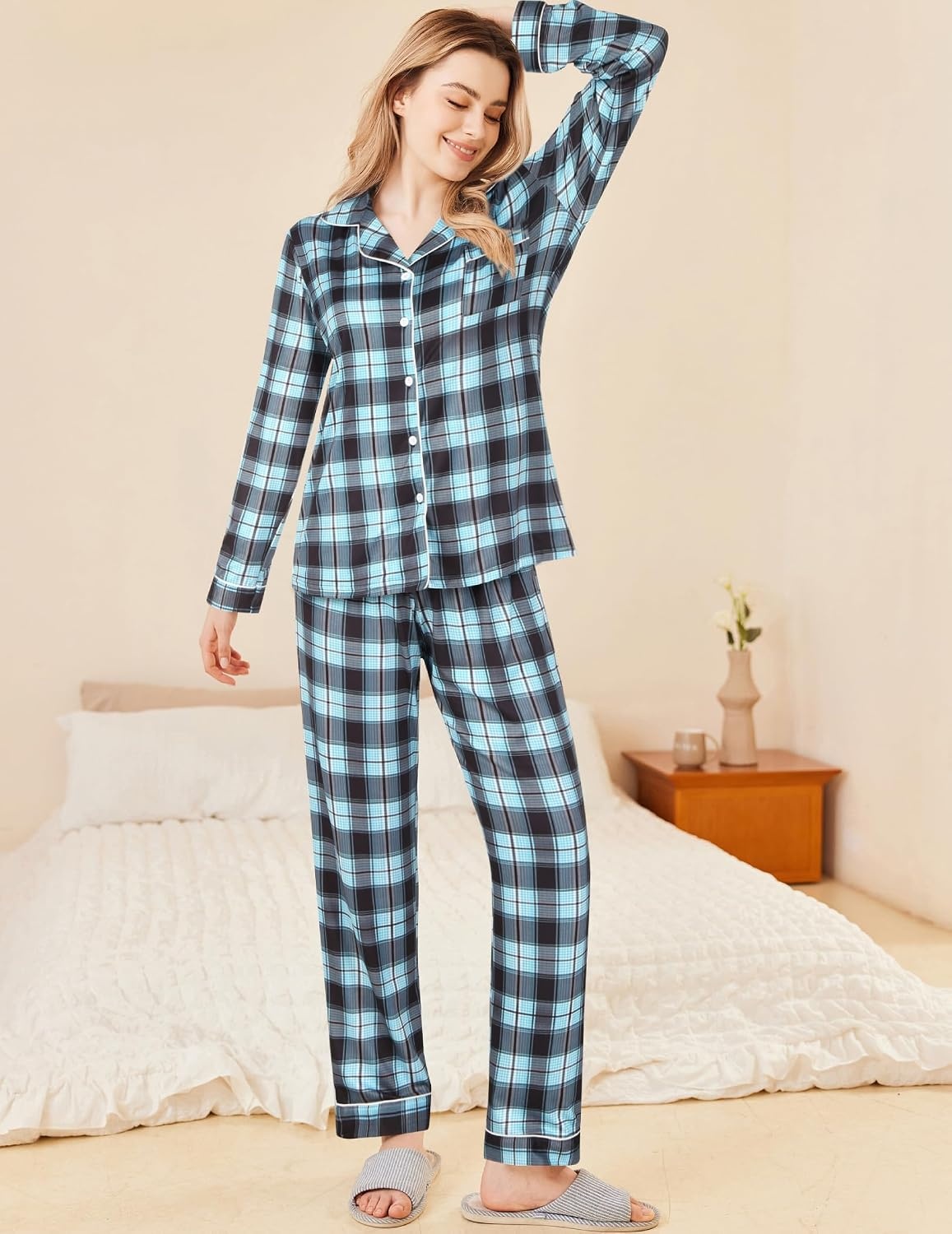image:imageEkouaer Womens Pajamas Set Button Down Long Sleeve Top amp Pants Lounge SetsBblue Plaid