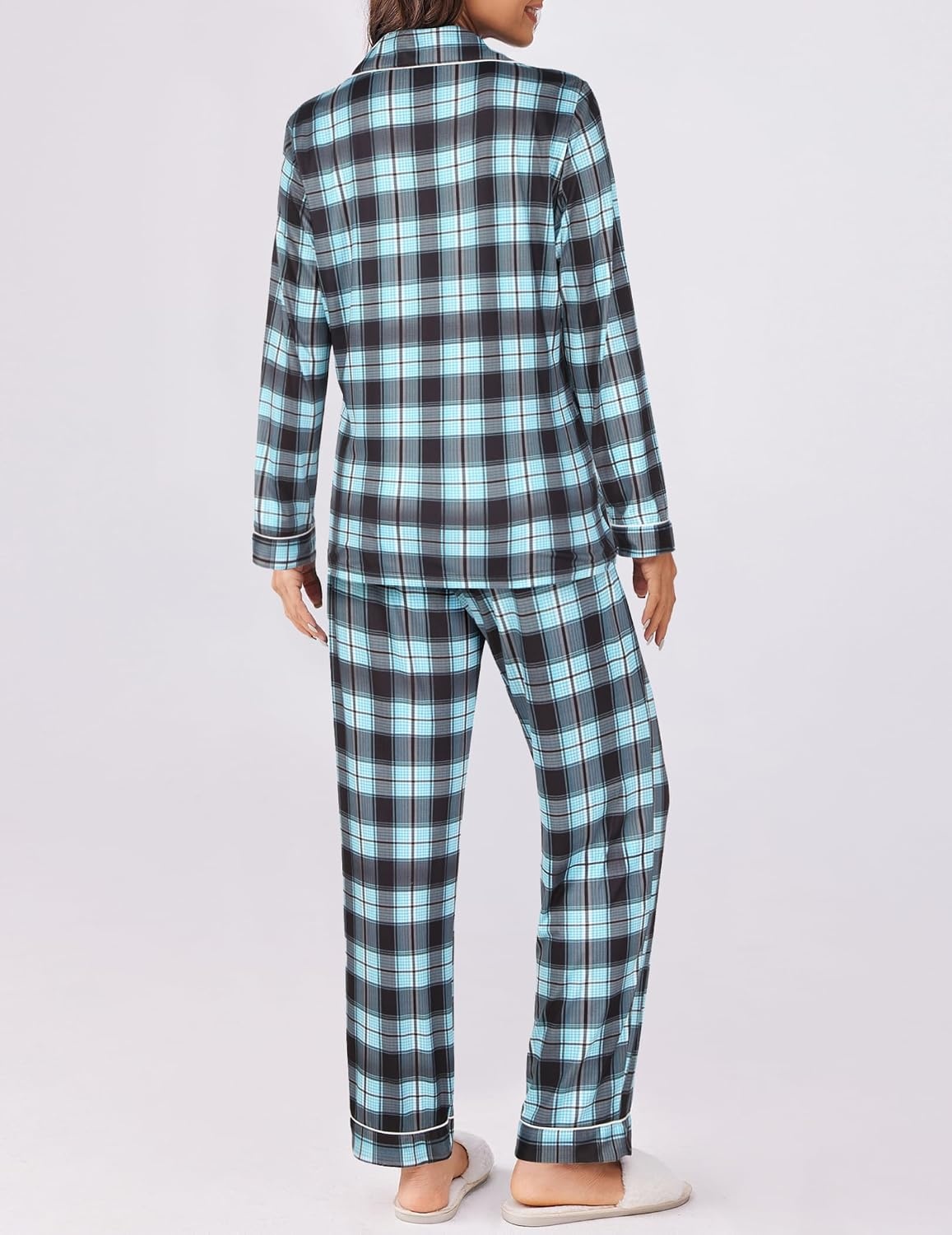 image:imageEkouaer Womens Pajamas Set Button Down Long Sleeve Top amp Pants Lounge SetsBblue Plaid