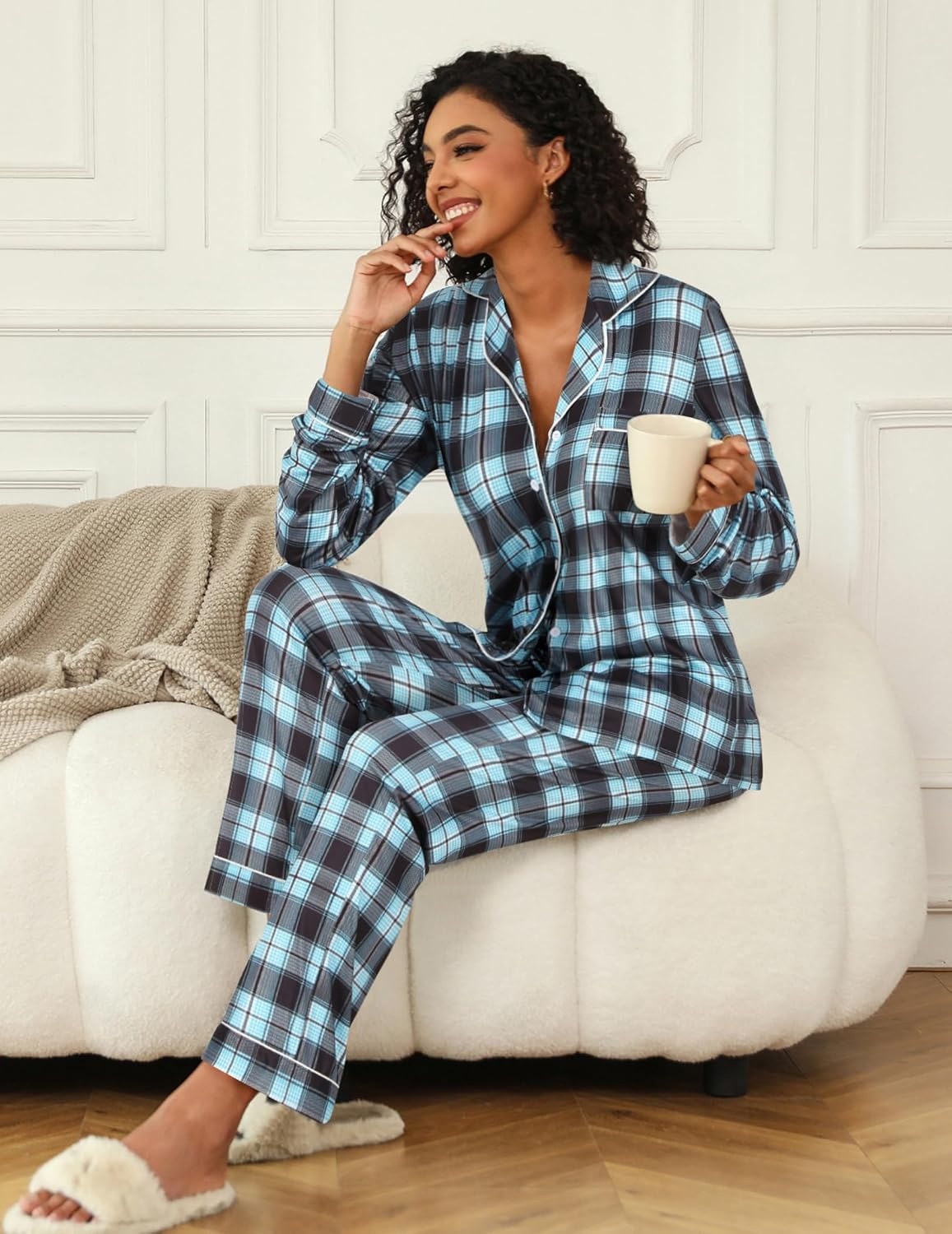 image:imageEkouaer Womens Pajamas Set Button Down Long Sleeve Top amp Pants Lounge SetsBblue Plaid