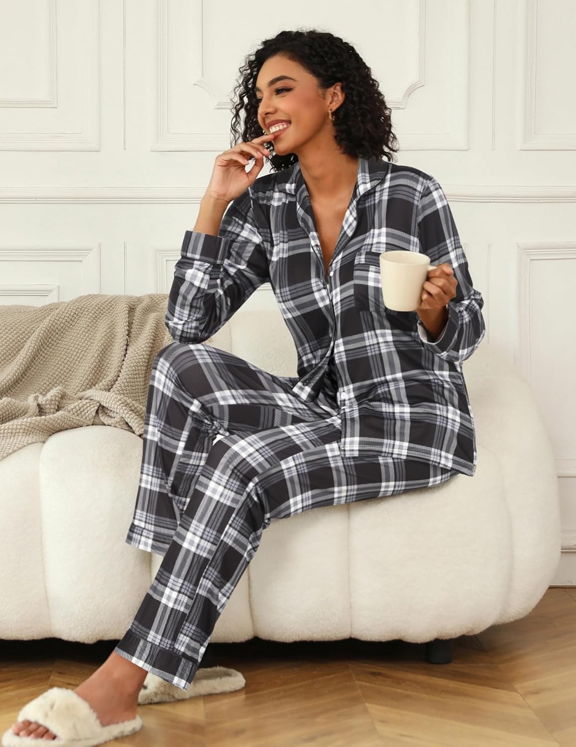 image:imageEkouaer Womens Pajamas Set Button Down Long Sleeve Top amp Pants Lounge SetsBgrey Plaid