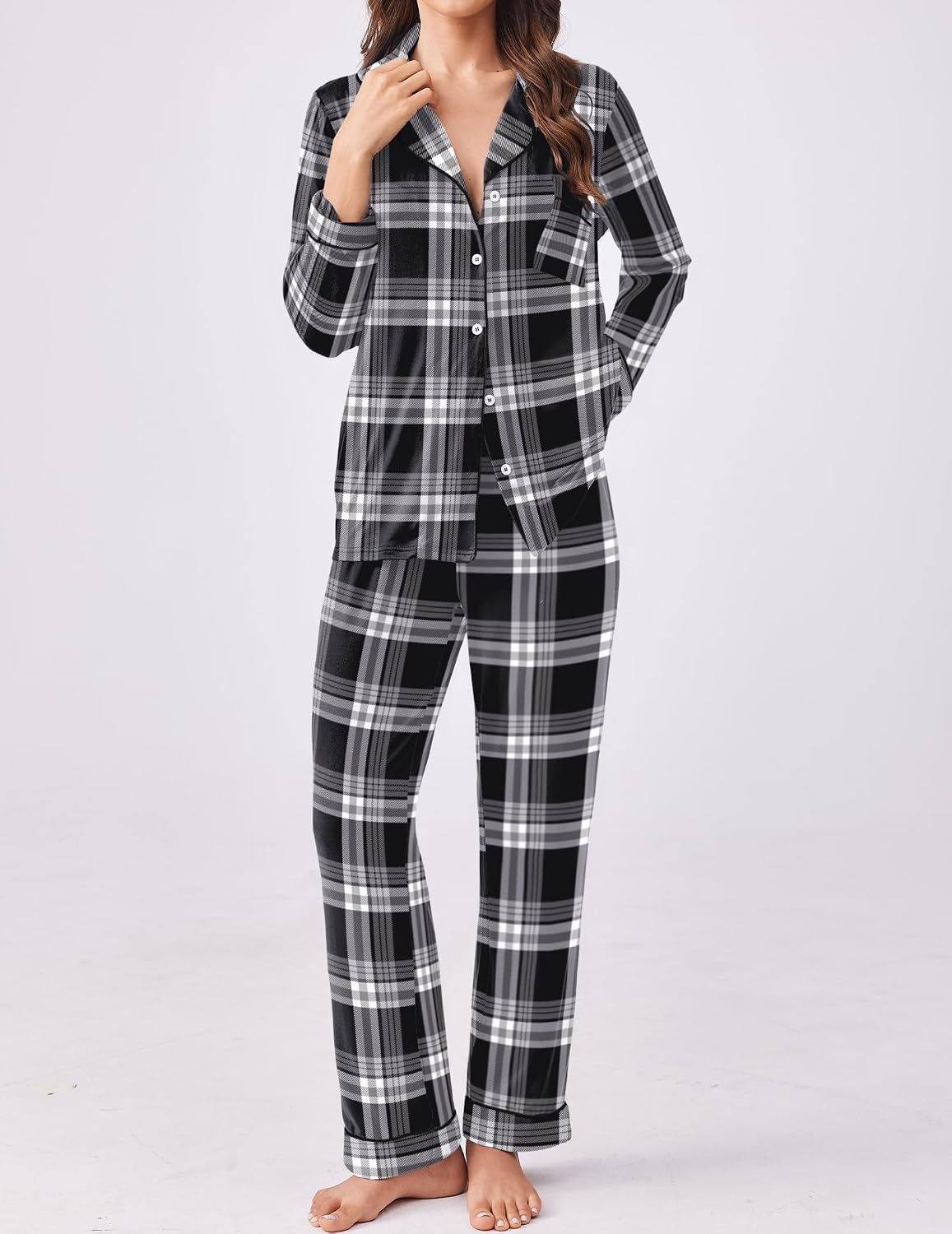 image:imageEkouaer Womens Pajamas Set Button Down Long Sleeve Top amp Pants Lounge SetsBgrey Plaid