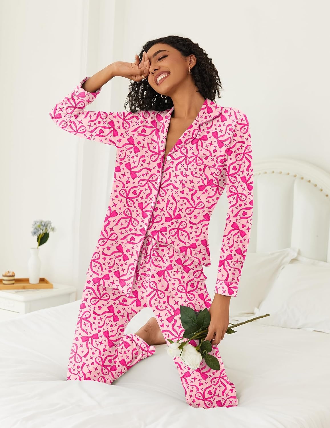 image:imageEkouaer Womens Pajamas Set Button Down Long Sleeve Top amp Pants Lounge SetsBig Rose Bow