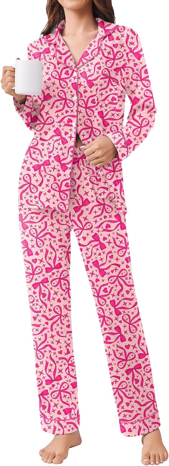 image:imageEkouaer Womens Pajamas Set Button Down Long Sleeve Top amp Pants Lounge SetsBig Rose Bow