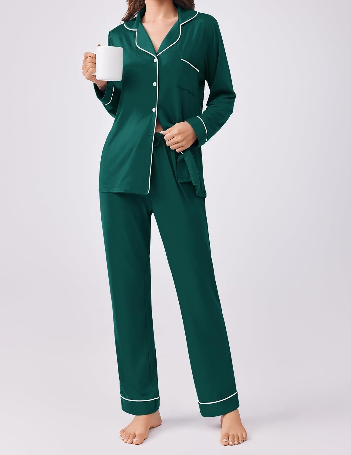 image:imageEkouaer Womens Pajamas Set Button Down Long Sleeve Top amp Pants Lounge SetsBlue Green