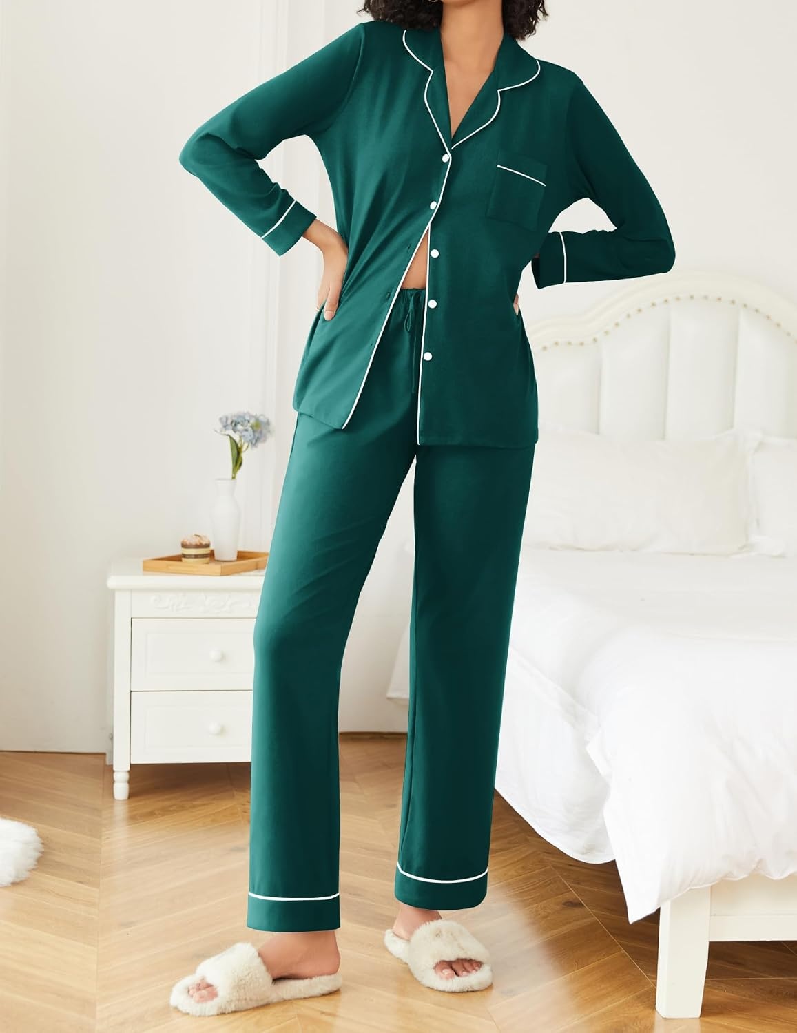 image:imageEkouaer Womens Pajamas Set Button Down Long Sleeve Top amp Pants Lounge SetsBlue Green