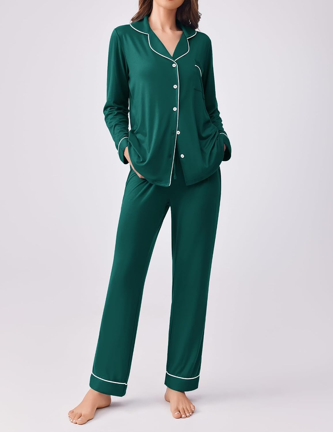 image:imageEkouaer Womens Pajamas Set Button Down Long Sleeve Top amp Pants Lounge SetsBlue Green