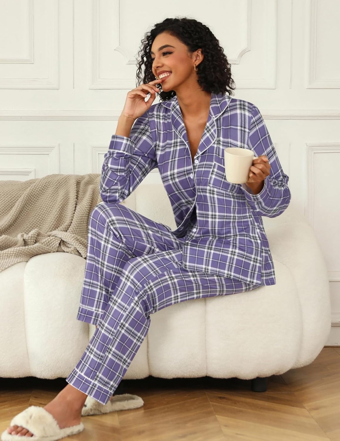 image:imageEkouaer Womens Pajamas Set Button Down Long Sleeve Top amp Pants Lounge SetsBpurple Plaid