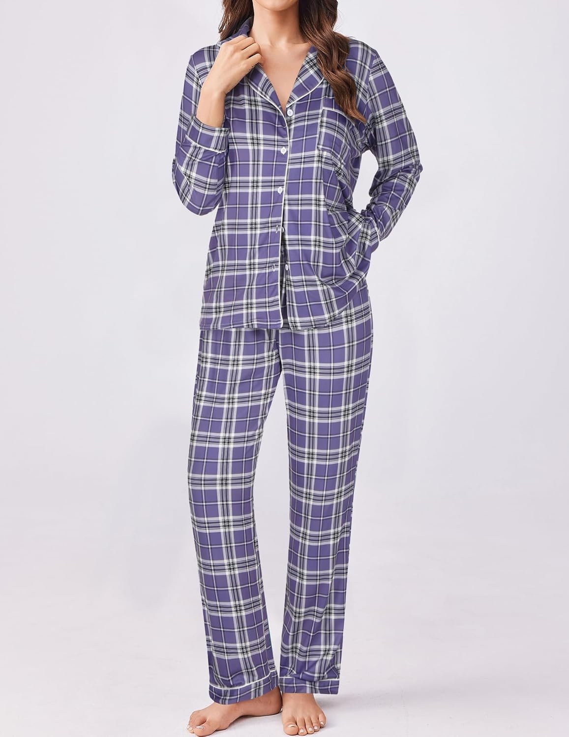 image:imageEkouaer Womens Pajamas Set Button Down Long Sleeve Top amp Pants Lounge SetsBpurple Plaid