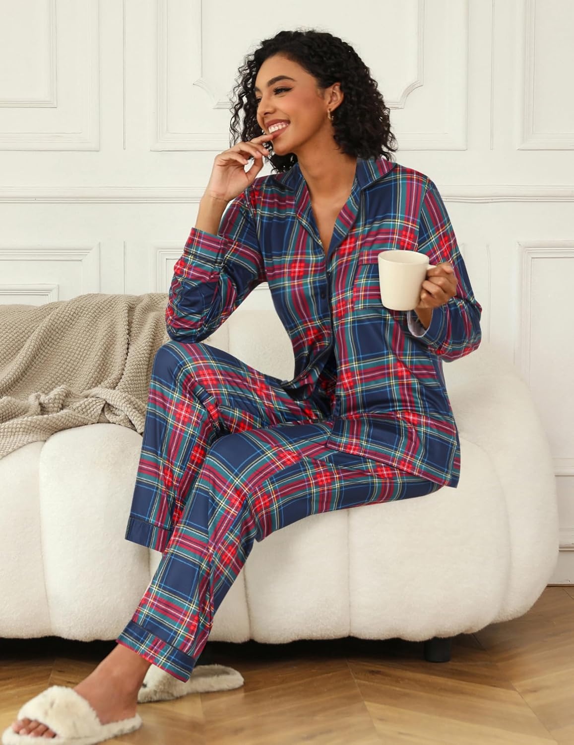 image:imageEkouaer Womens Pajamas Set Button Down Long Sleeve Top amp Pants Lounge SetsBred Green Plaid