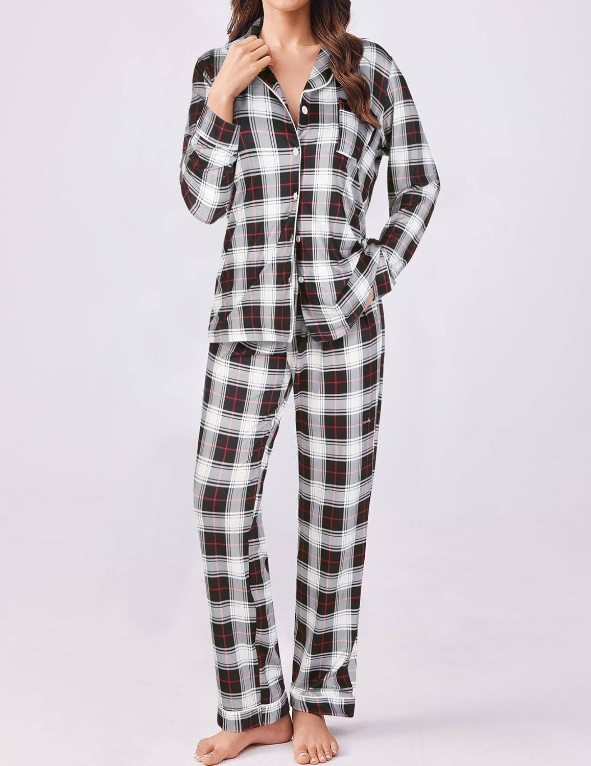 image:imageEkouaer Womens Pajamas Set Button Down Long Sleeve Top amp Pants Lounge SetsBwhite Black Plaid