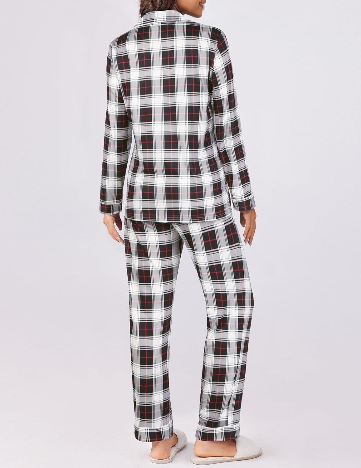 image:imageEkouaer Womens Pajamas Set Button Down Long Sleeve Top amp Pants Lounge SetsBwhite Black Plaid