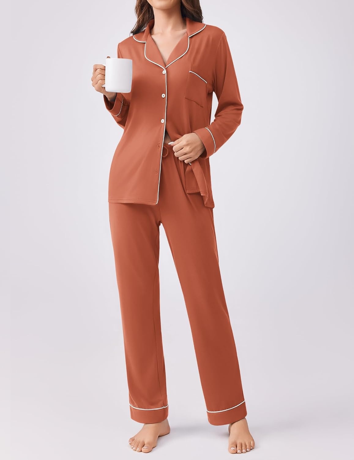 image:imageEkouaer Womens Pajamas Set Button Down Long Sleeve Top amp Pants Lounge SetsCaremel