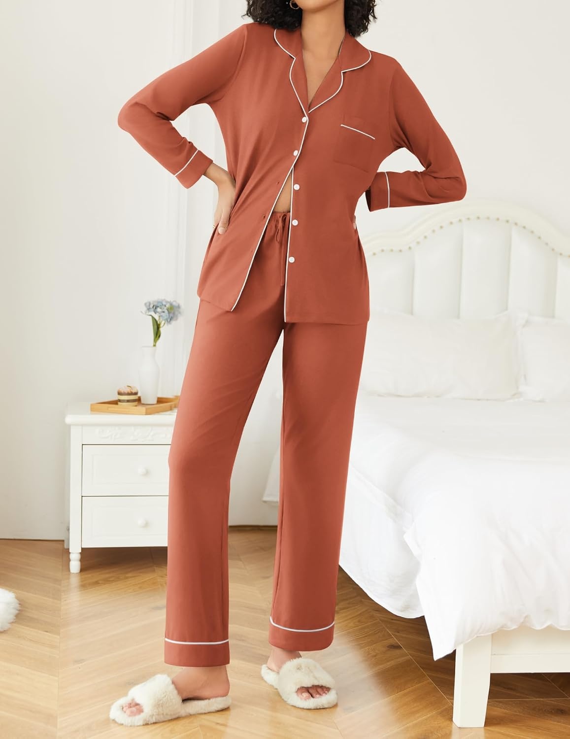 image:imageEkouaer Womens Pajamas Set Button Down Long Sleeve Top amp Pants Lounge SetsCaremel