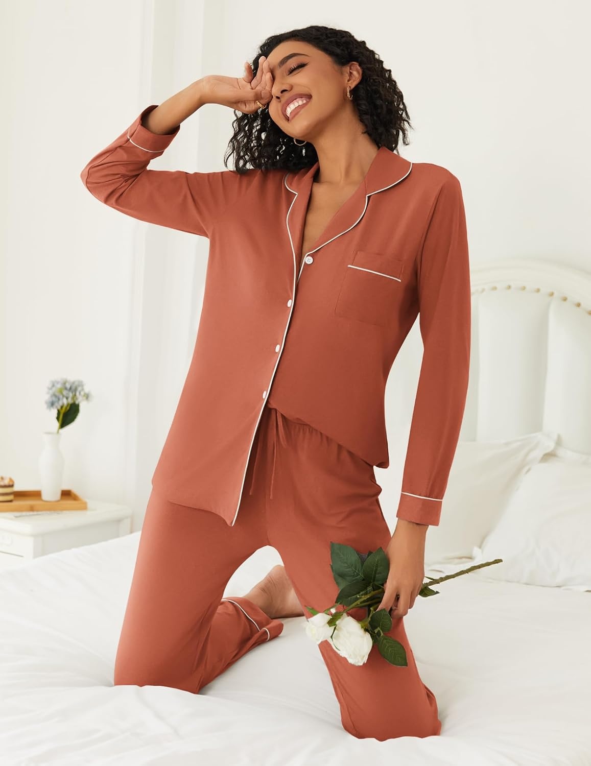 image:imageEkouaer Womens Pajamas Set Button Down Long Sleeve Top amp Pants Lounge SetsCaremel