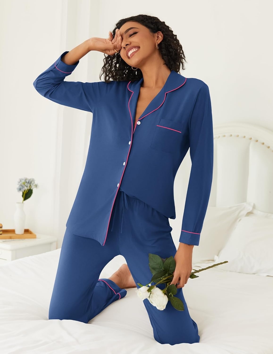 image:imageEkouaer Womens Pajamas Set Button Down Long Sleeve Top amp Pants Lounge SetsDeep Blue