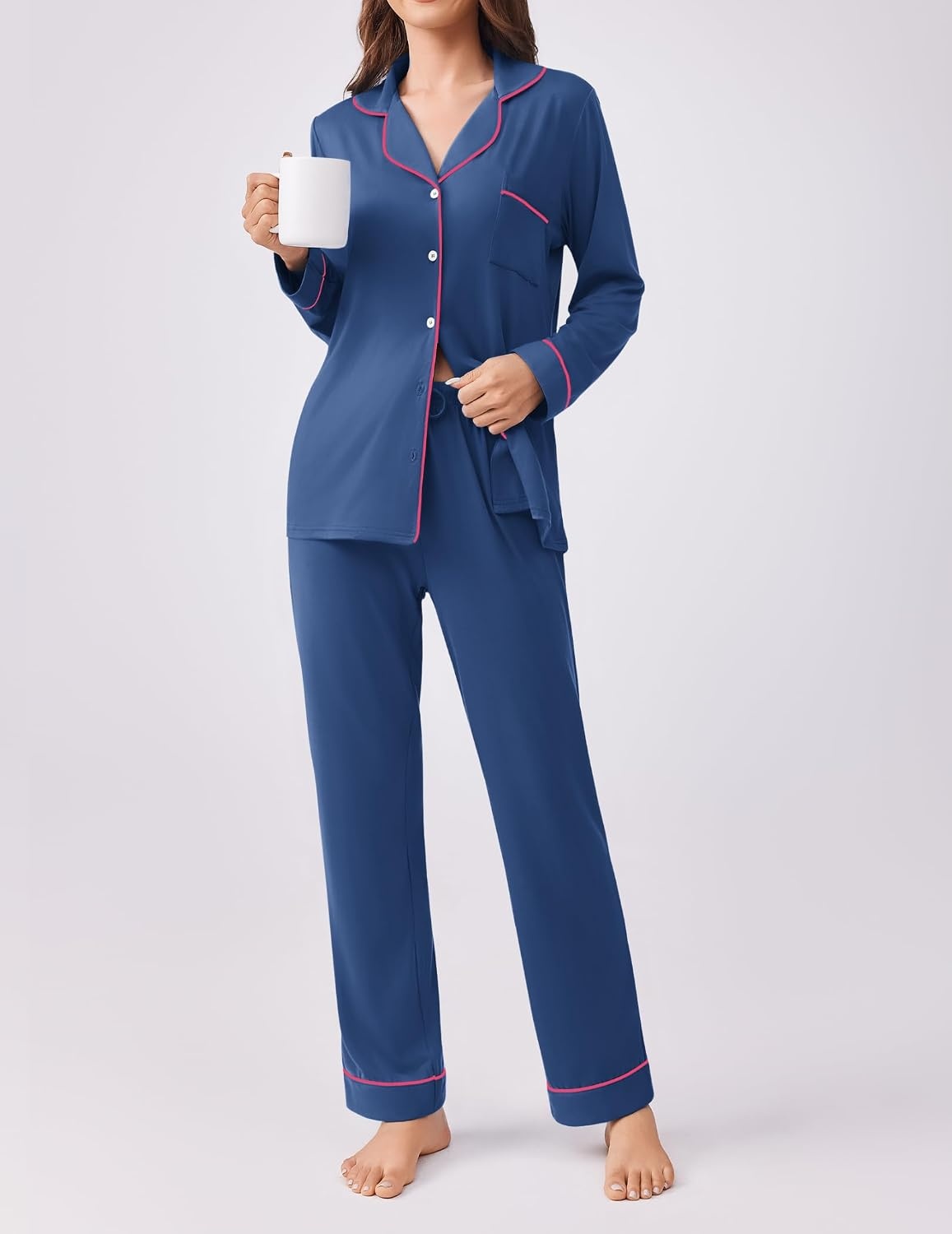 image:imageEkouaer Womens Pajamas Set Button Down Long Sleeve Top amp Pants Lounge SetsDeep Blue