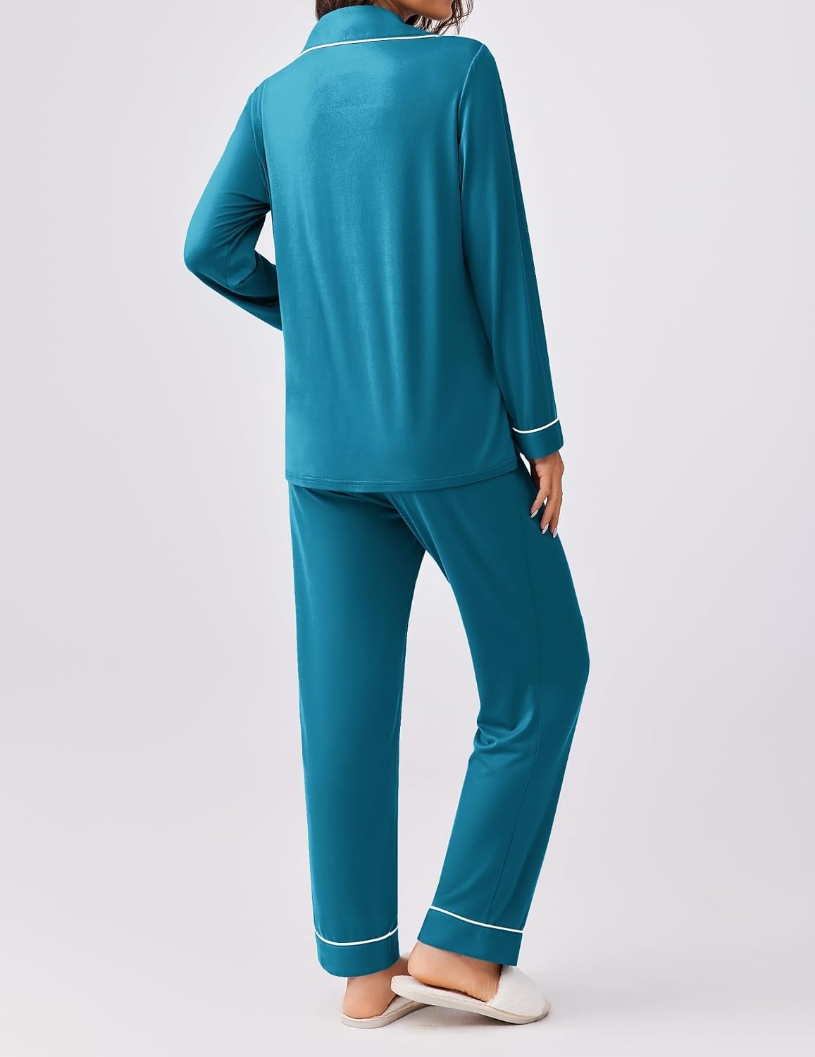 image:imageEkouaer Womens Pajamas Set Button Down Long Sleeve Top amp Pants Lounge SetsDeep Lake Blue