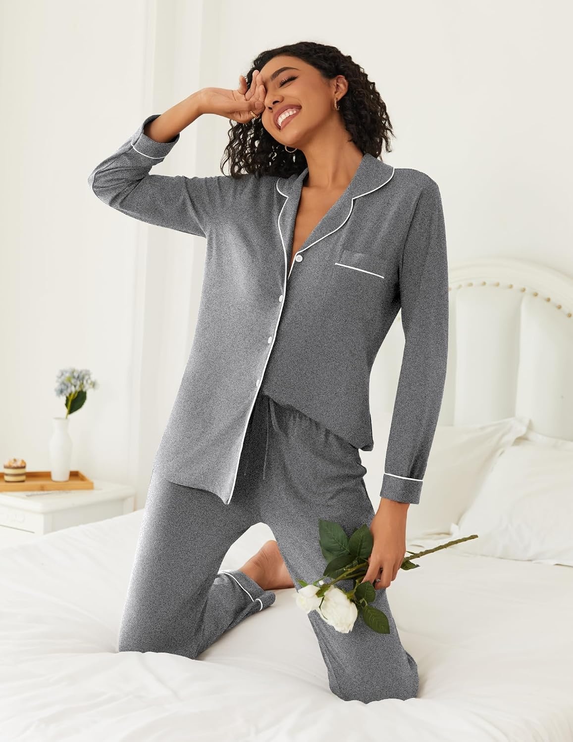 image:imageEkouaer Womens Pajamas Set Button Down Long Sleeve Top amp Pants Lounge SetsGrey