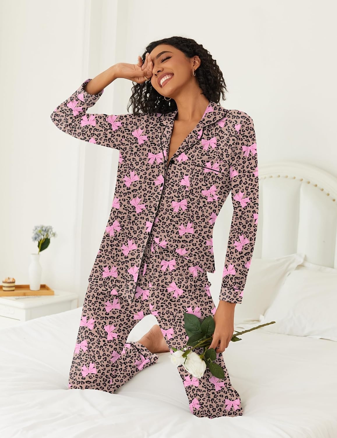 image:imageEkouaer Womens Pajamas Set Button Down Long Sleeve Top amp Pants Lounge SetsLeopard Bow