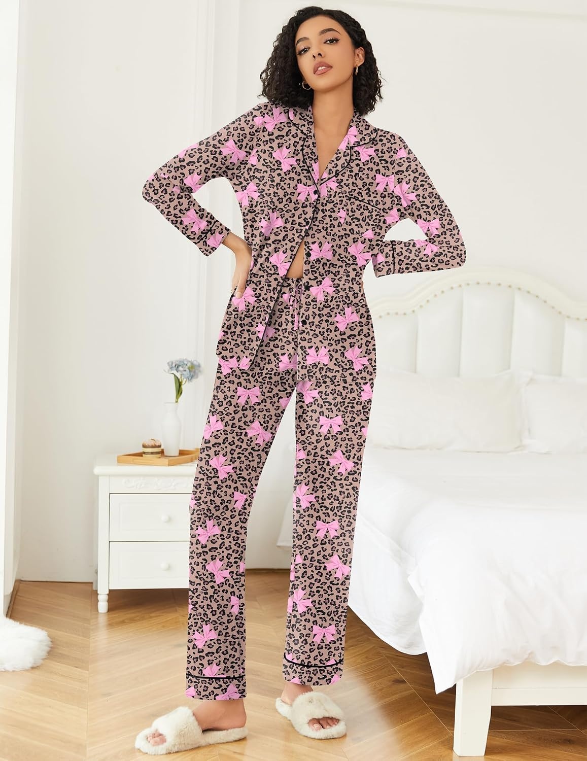 image:imageEkouaer Womens Pajamas Set Button Down Long Sleeve Top amp Pants Lounge SetsLeopard Bow