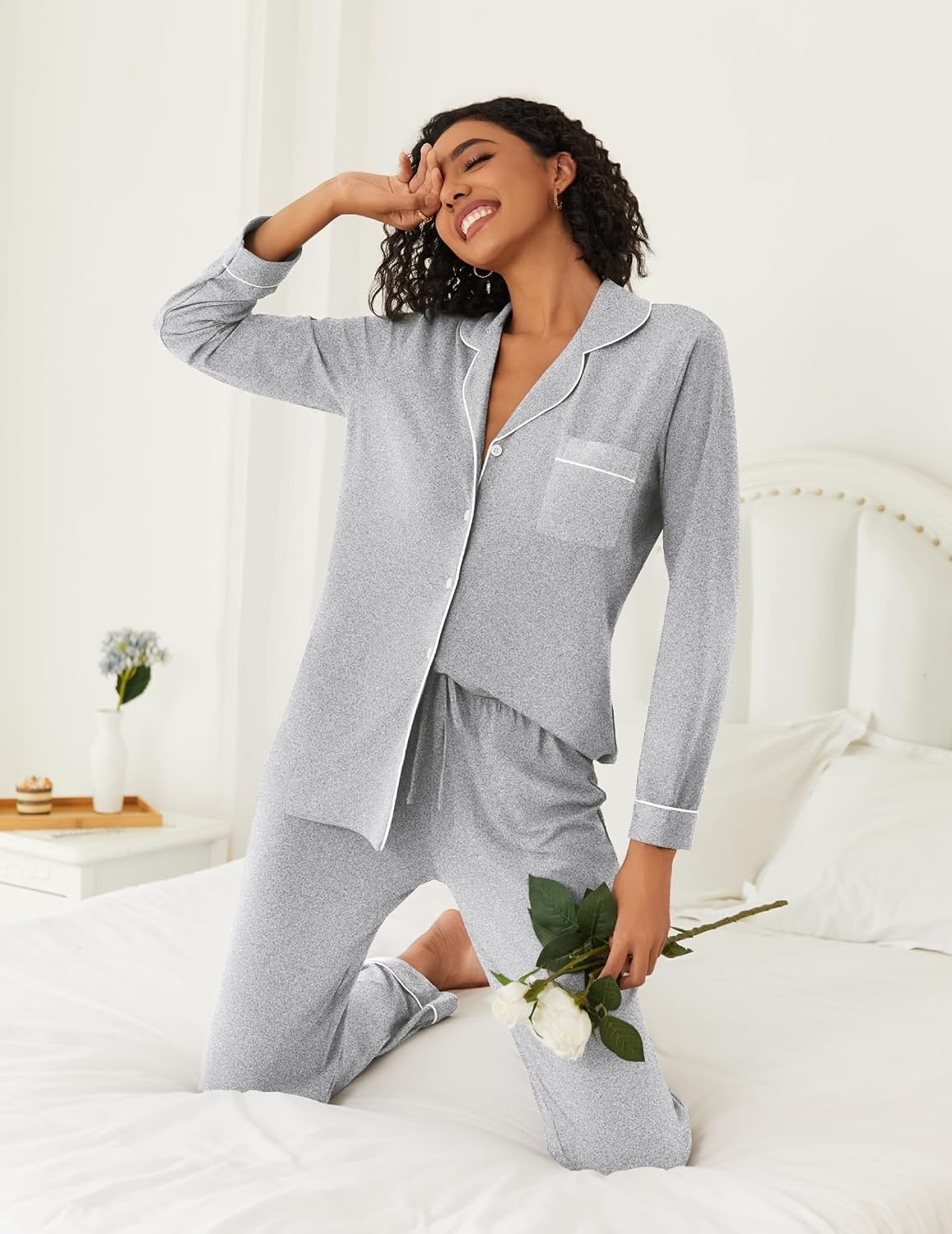 image:imageEkouaer Womens Pajamas Set Button Down Long Sleeve Top amp Pants Lounge SetsLight Grey