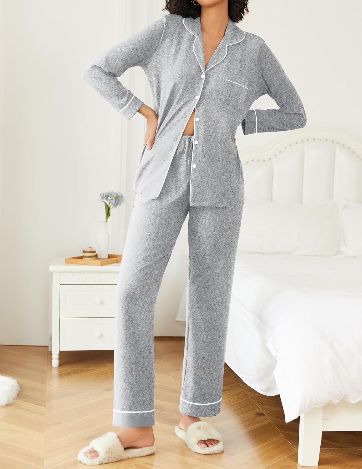image:imageEkouaer Womens Pajamas Set Button Down Long Sleeve Top amp Pants Lounge SetsLight Grey