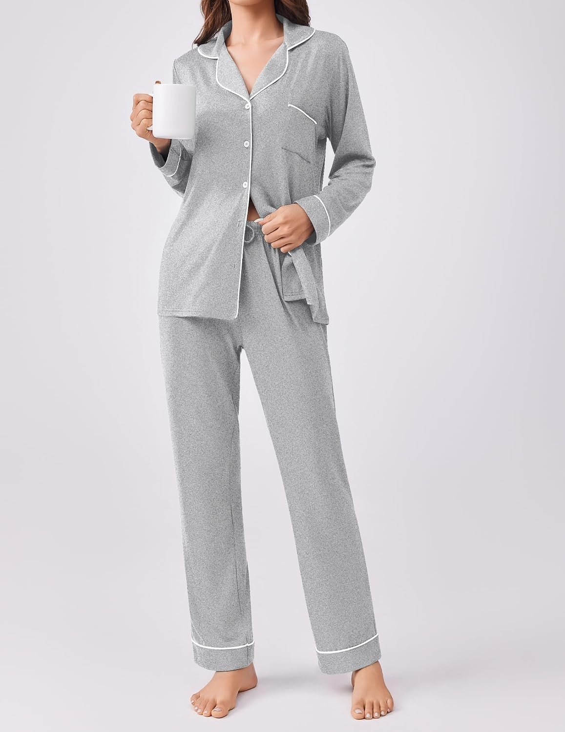 image:imageEkouaer Womens Pajamas Set Button Down Long Sleeve Top amp Pants Lounge SetsLight Grey