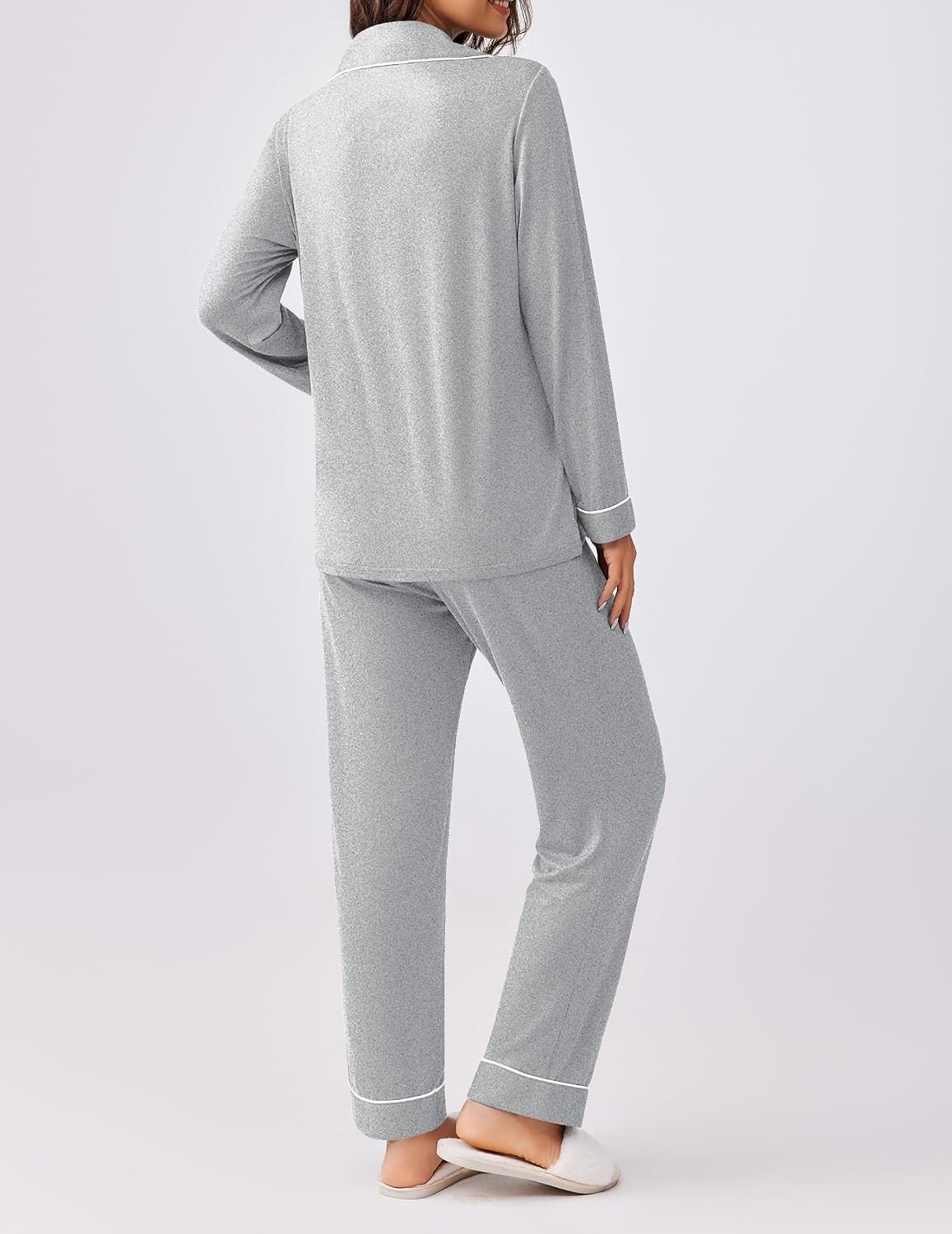 image:imageEkouaer Womens Pajamas Set Button Down Long Sleeve Top amp Pants Lounge SetsLight Grey
