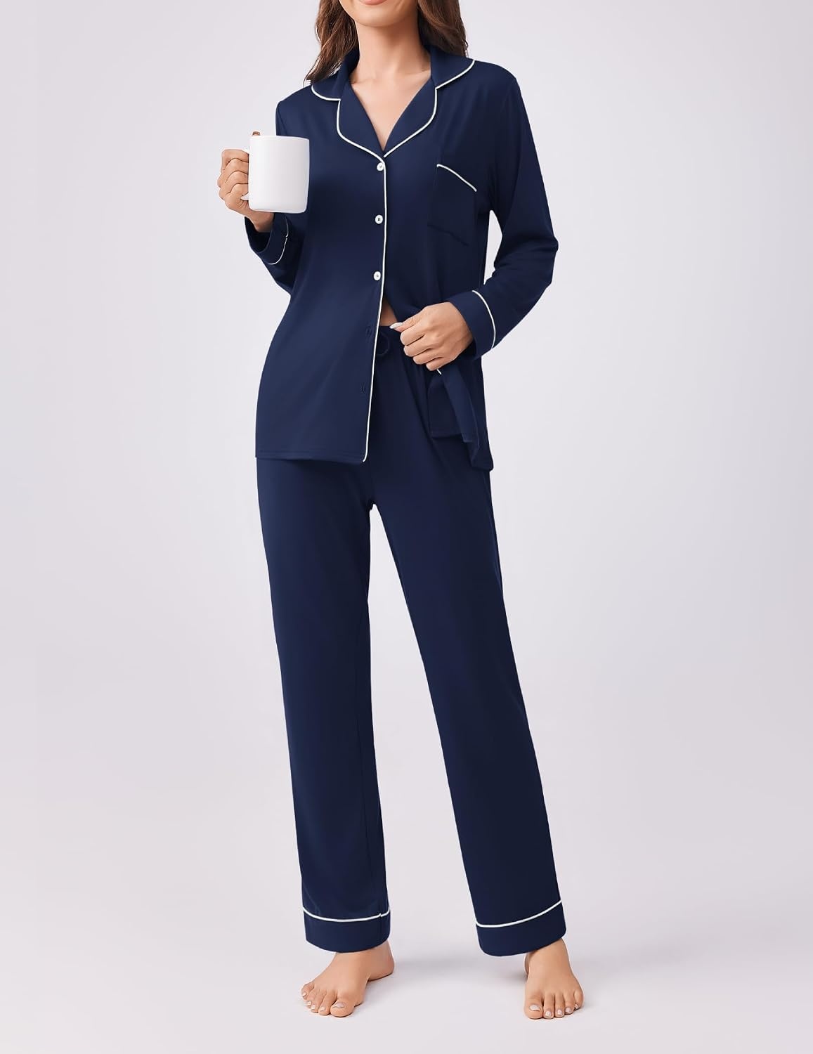 image:imageEkouaer Womens Pajamas Set Button Down Long Sleeve Top amp Pants Lounge SetsNavy Blue