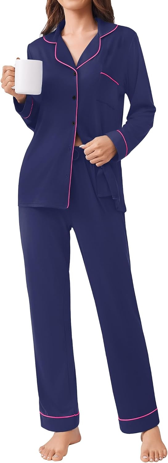 image:imageEkouaer Womens Pajamas Set Button Down Long Sleeve Top amp Pants Lounge SetsNavy Blue 2
