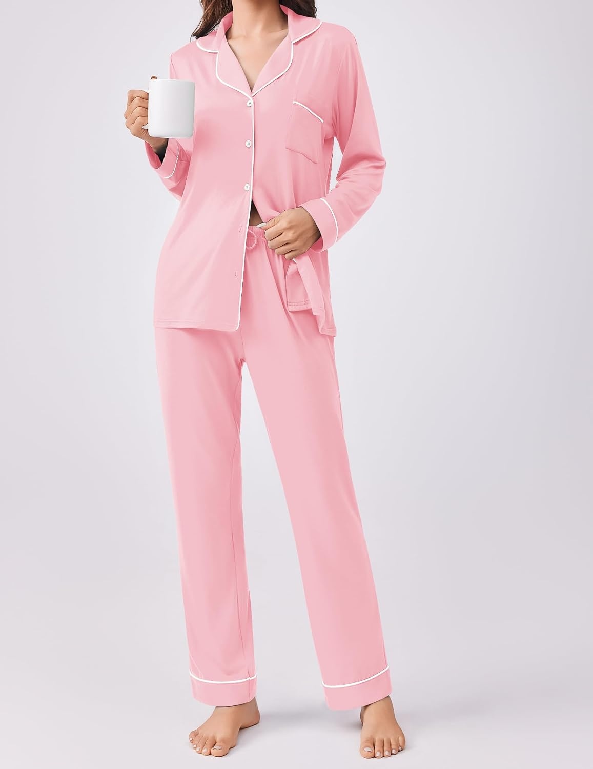 image:imageEkouaer Womens Pajamas Set Button Down Long Sleeve Top amp Pants Lounge SetsPink