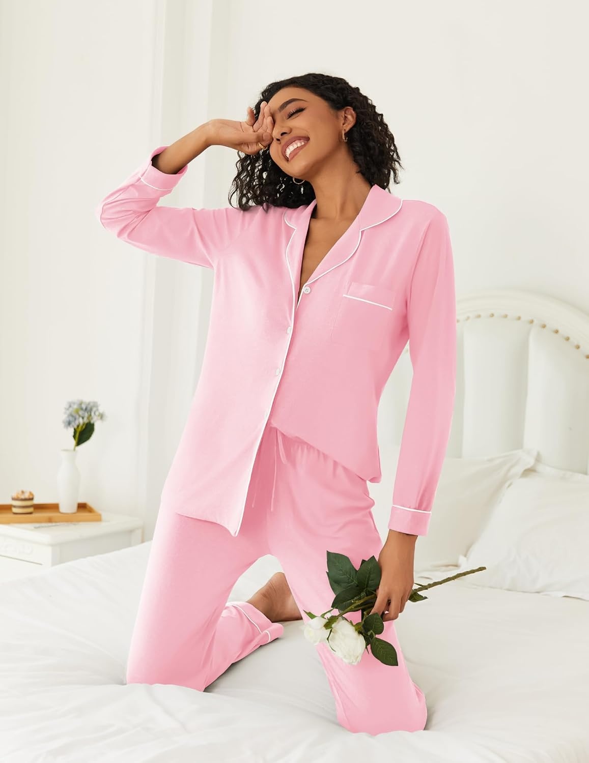 image:imageEkouaer Womens Pajamas Set Button Down Long Sleeve Top amp Pants Lounge SetsPink