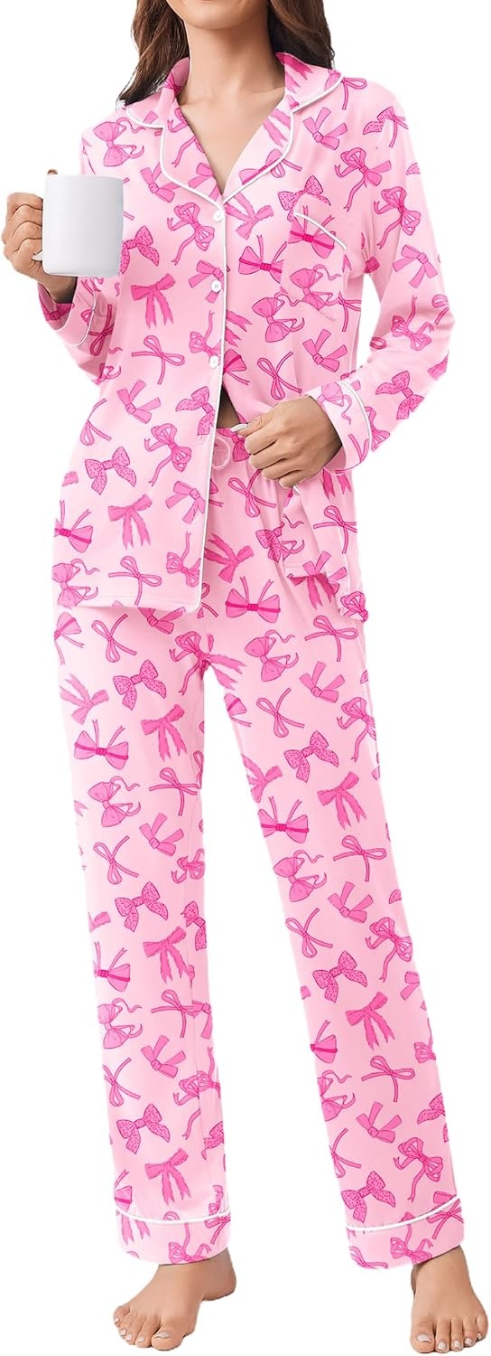 image:imageEkouaer Womens Pajamas Set Button Down Long Sleeve Top amp Pants Lounge SetsPink Bow