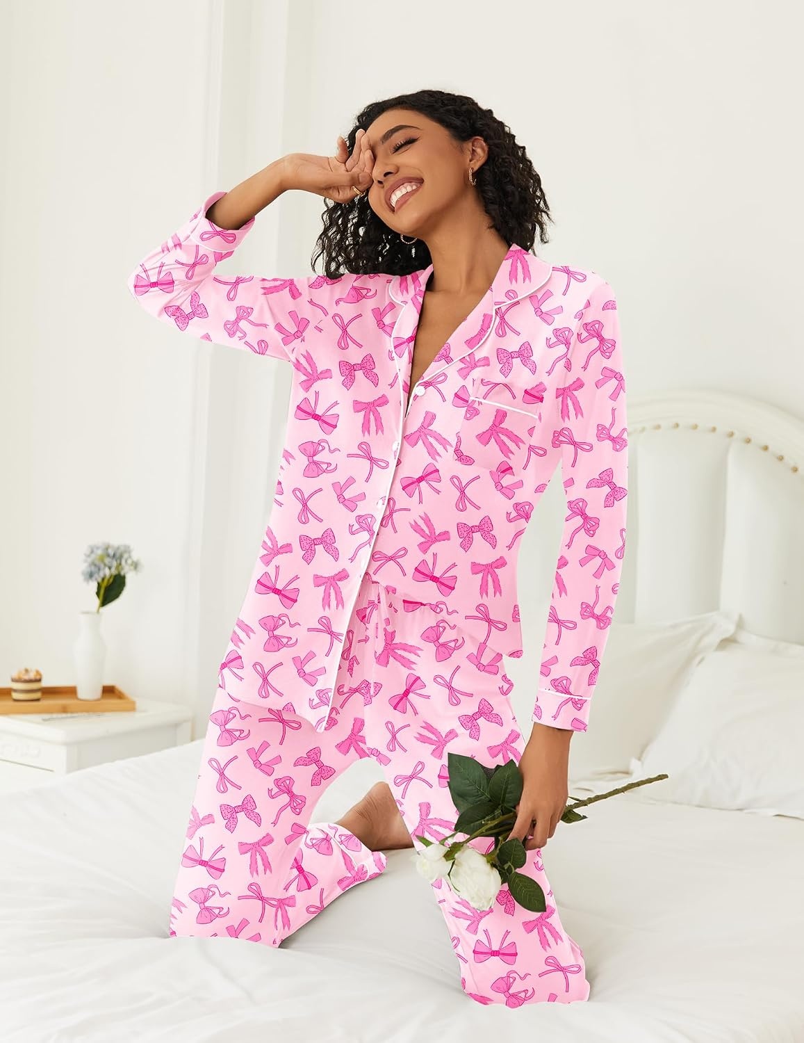 image:imageEkouaer Womens Pajamas Set Button Down Long Sleeve Top amp Pants Lounge SetsPink Bow