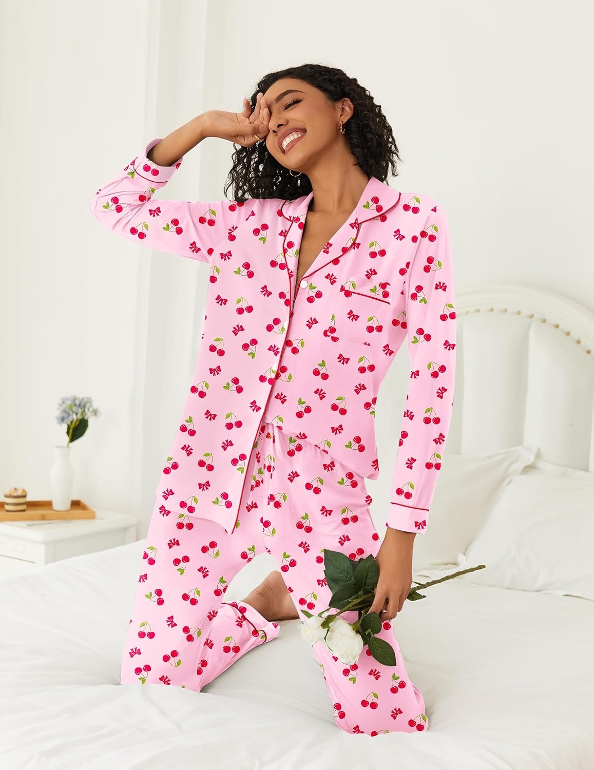 image:imageEkouaer Womens Pajamas Set Button Down Long Sleeve Top amp Pants Lounge SetsPink Cherry