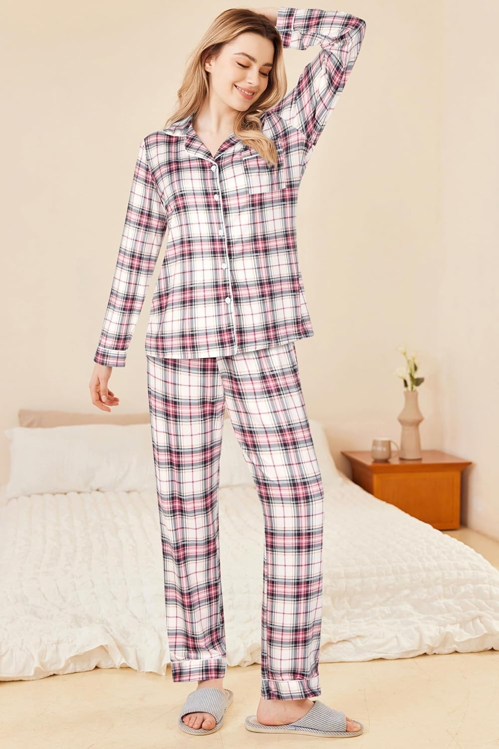 image:imageEkouaer Womens Pajamas Set Button Down Long Sleeve Top amp Pants Lounge SetsPink Plaid
