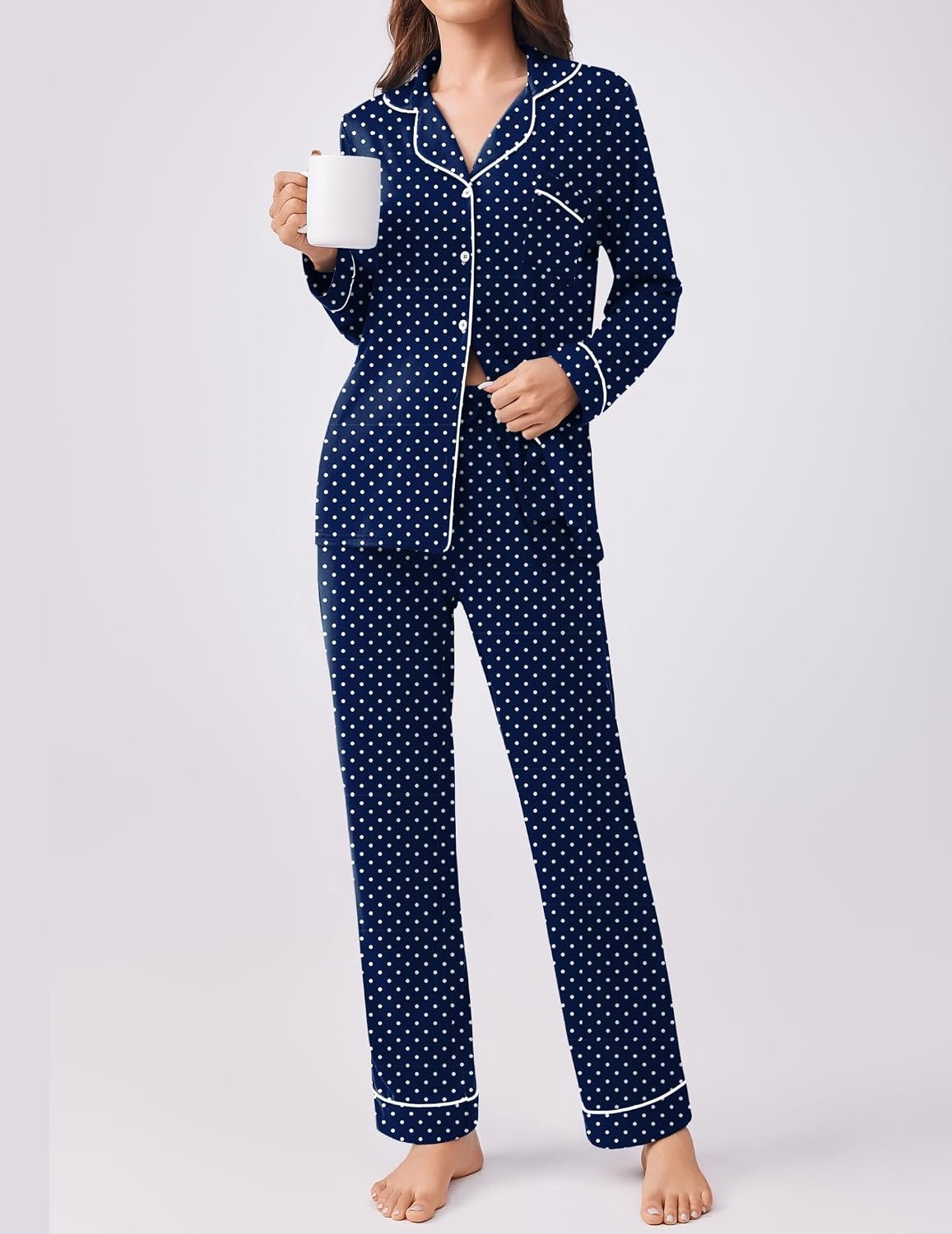 image:imageEkouaer Womens Pajamas Set Button Down Long Sleeve Top amp Pants Lounge SetsPolka Dots