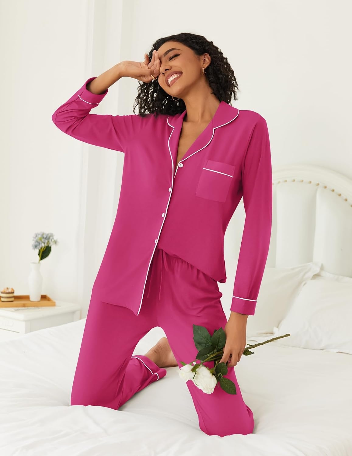 image:imageEkouaer Womens Pajamas Set Button Down Long Sleeve Top amp Pants Lounge SetsRose Red