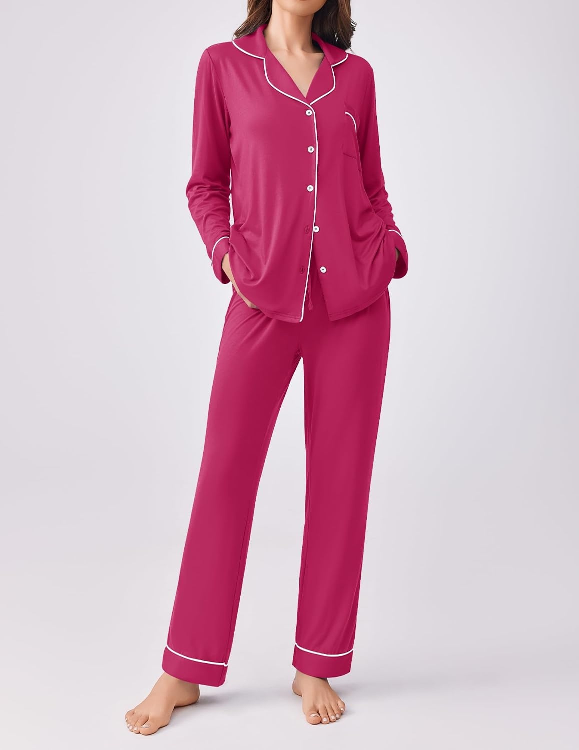 image:imageEkouaer Womens Pajamas Set Button Down Long Sleeve Top amp Pants Lounge SetsRose Red