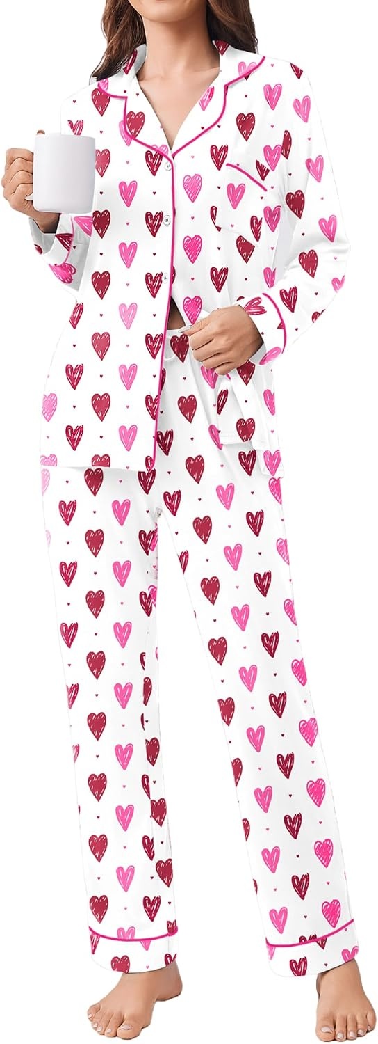 image:imageEkouaer Womens Pajamas Set Button Down Long Sleeve Top amp Pants Lounge SetsWhite Hearts