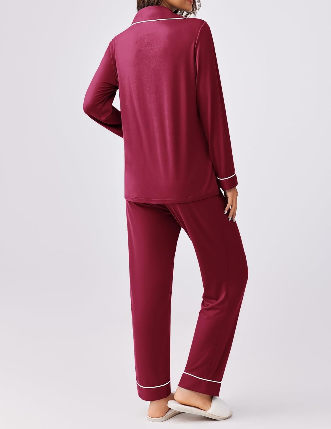 image:imageEkouaer Womens Pajamas Set Button Down Long Sleeve Top amp Pants Lounge SetsWine Red