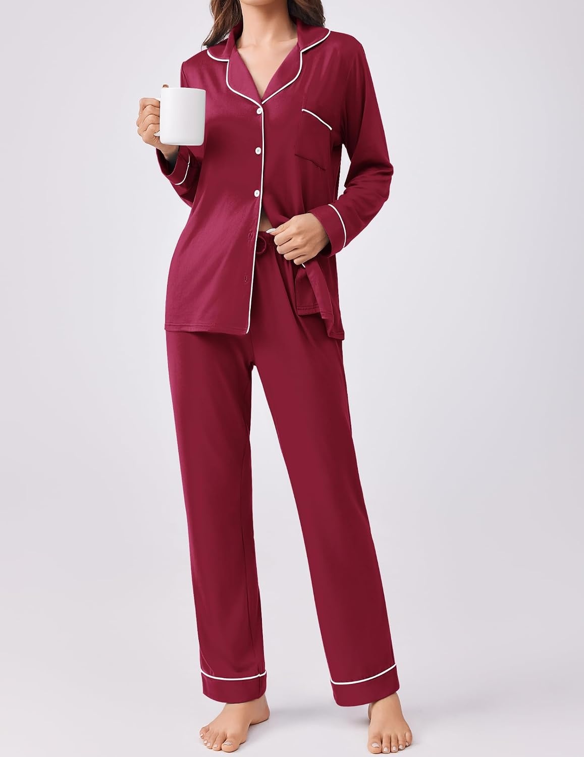 image:imageEkouaer Womens Pajamas Set Button Down Long Sleeve Top amp Pants Lounge SetsWine Red