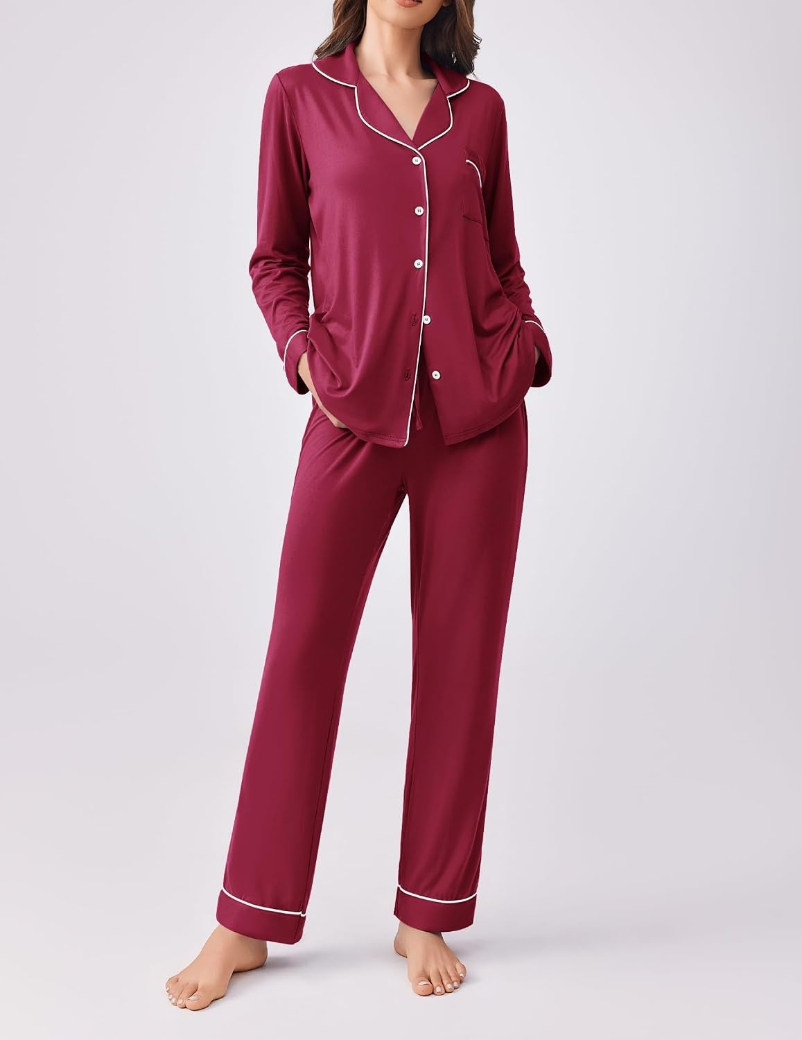 image:imageEkouaer Womens Pajamas Set Button Down Long Sleeve Top amp Pants Lounge SetsWine Red