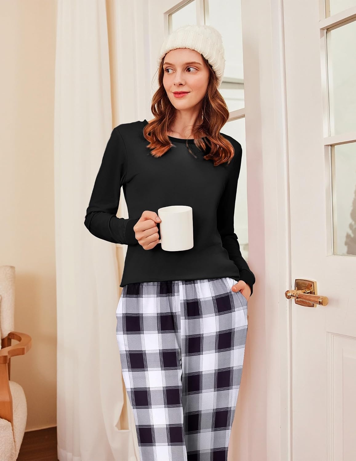 image:imageEkouaer Womens Pajamas Sets Long Sleeve Tops with Jogger PantsBlack Grey Plaid