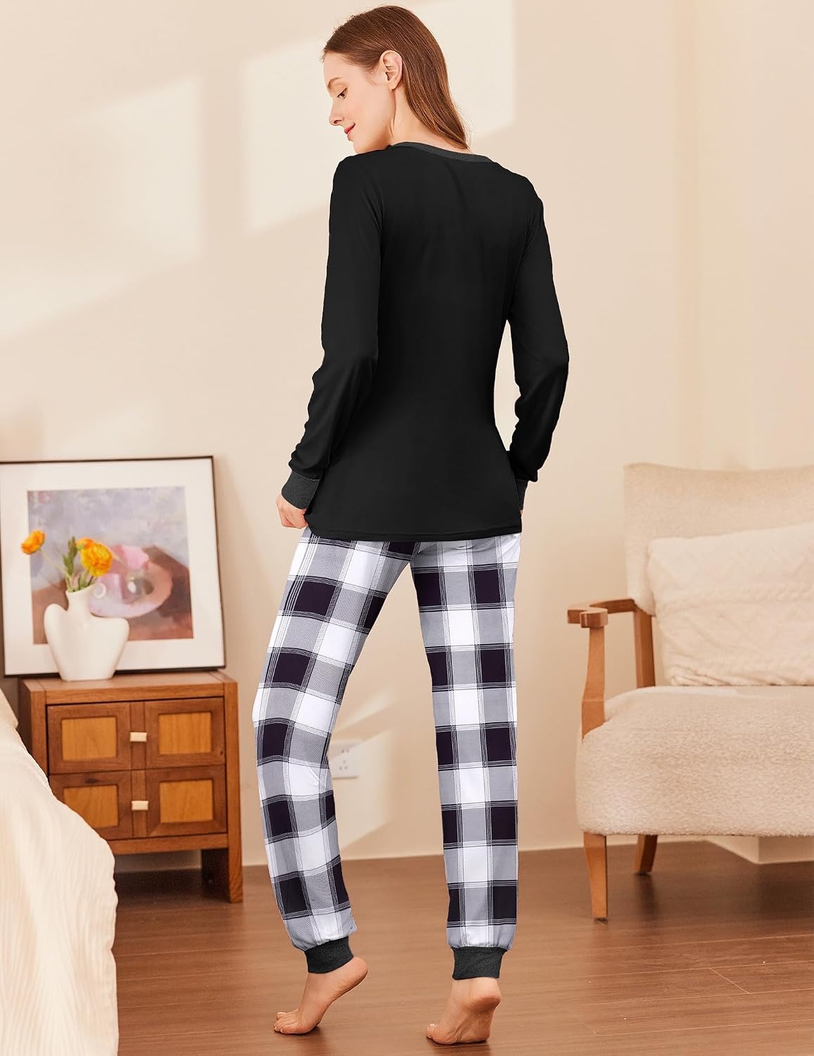 image:imageEkouaer Womens Pajamas Sets Long Sleeve Tops with Jogger PantsBlack Grey Plaid