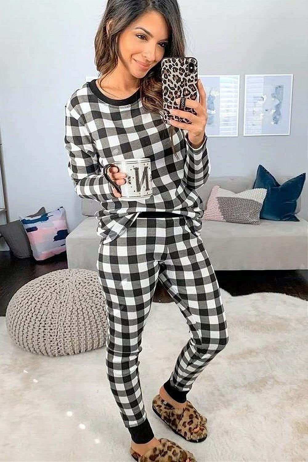 image:imageEkouaer Womens Pajamas Sets Long Sleeve Tops with Jogger PantsBlack Plaid