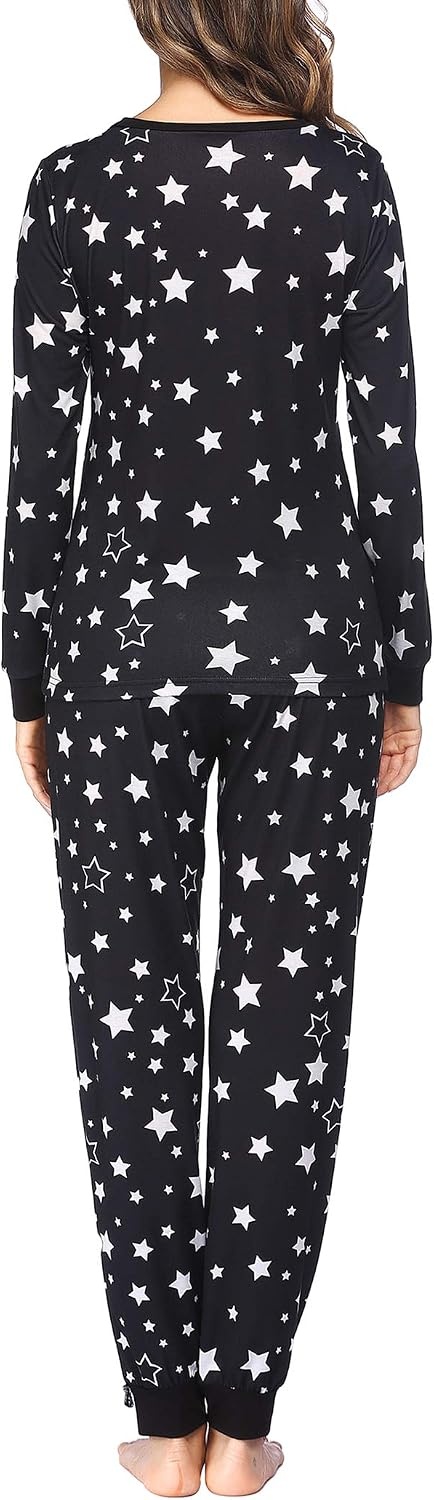image:imageEkouaer Womens Pajamas Sets Long Sleeve Tops with Jogger PantsBlack Star