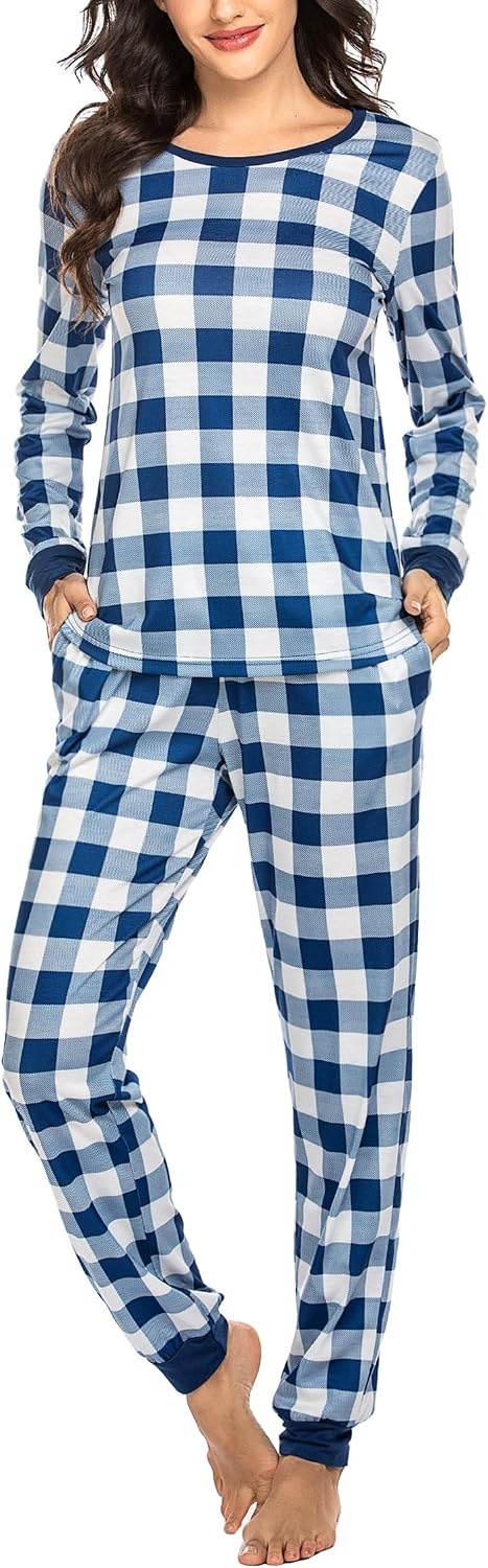 image:imageEkouaer Womens Pajamas Sets Long Sleeve Tops with Jogger PantsBlue Plaid